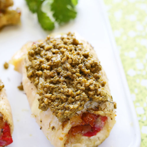 Mozzarella & Roasted Red Pepper Chicken Roll-ups with Pesto Sauce