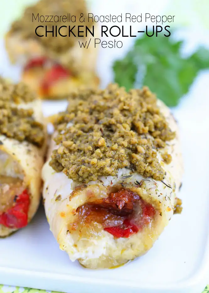 Mozzarella & Roasted Red Pepper Chicken Roll-ups with Pesto Sauce