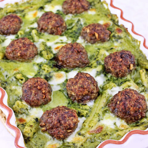 Baked Meatballs with Pasta in Parmesan Spinach Sauce