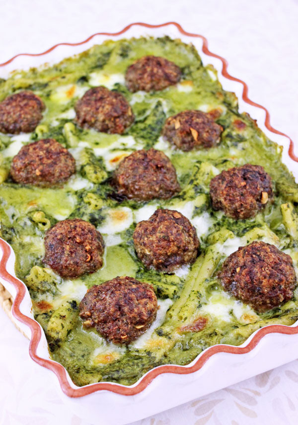Baked Meatballs with Pasta in Parmesan Spinach Sauce
