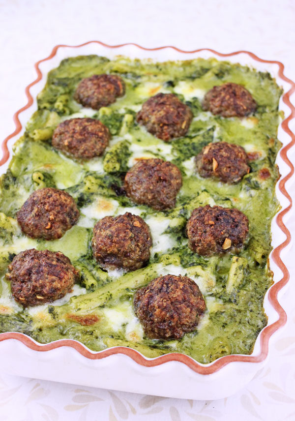 Baked Meatballs with Pasta in Parmesan Spinach Sauce
