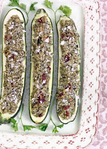 Stuffed Zucchini Boats with Parmesan Spinach Rice