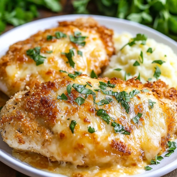 Parmesan-crusted chicken breast with a golden cheese topping on a plate