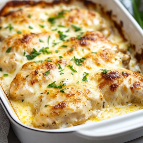 Creamy baked chicken breasts topped with herbs
