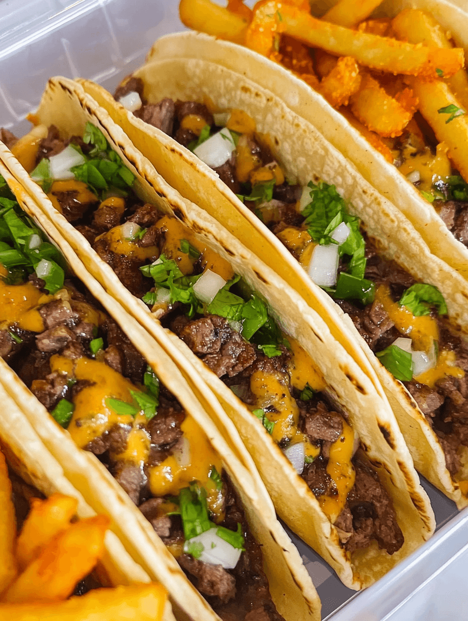 Cheese Steak Tacos with Buffalo Fries