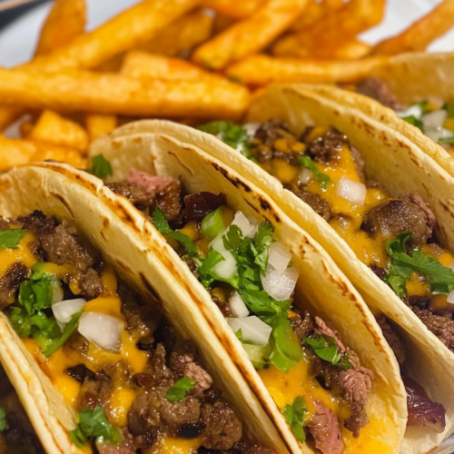 Cheese Steak Tacos with Buffalo Fries
