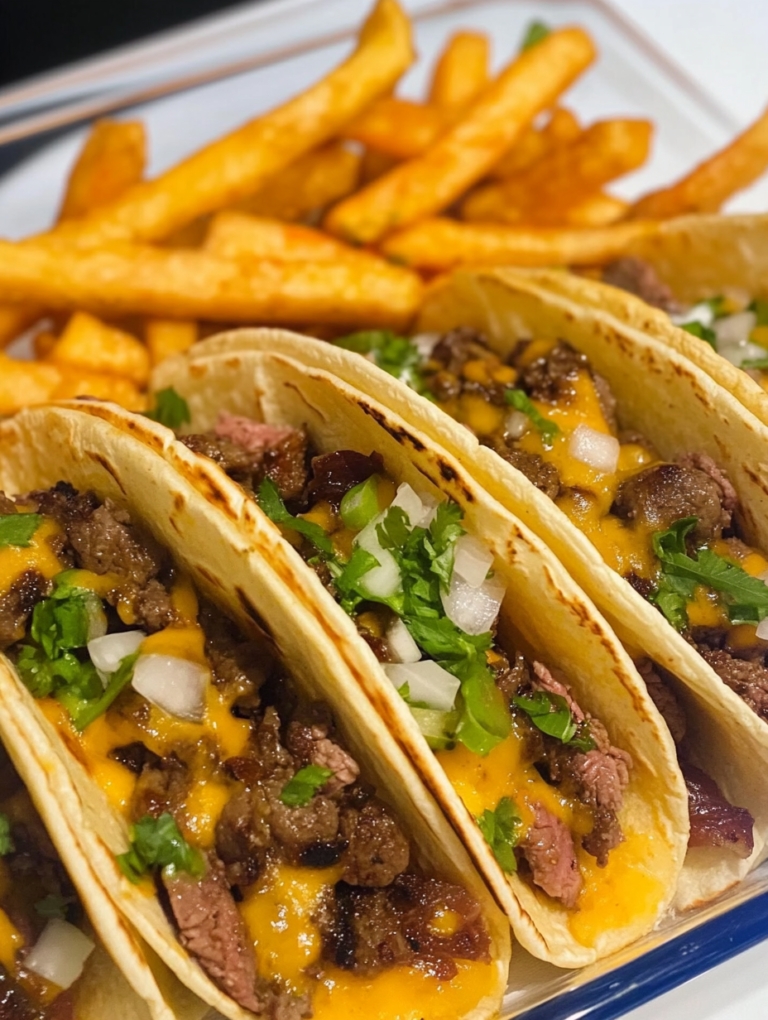 Cheese Steak Tacos with Buffalo Fries