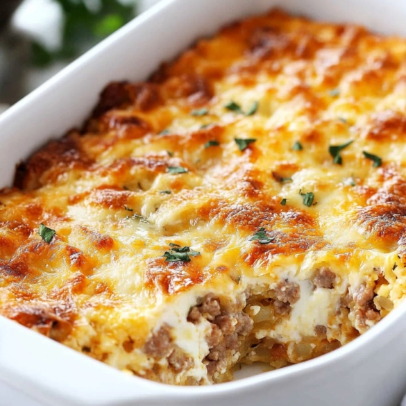 Sausage, Egg & Cream Cheese Hash Brown Breakfast Casserole