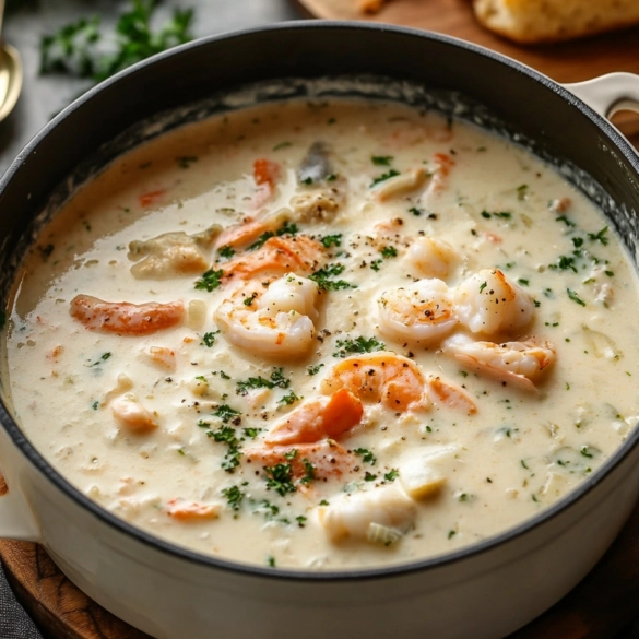 Crab and shrimp bisque in a black bowl