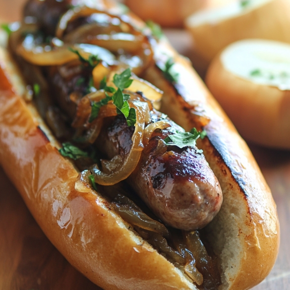 Oven-Braised Beer Brats with Caramelized Onions