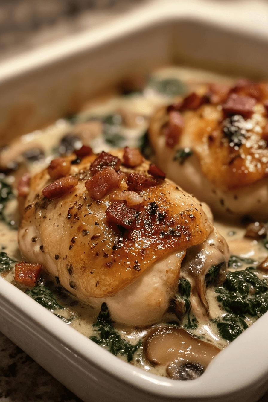 Smothered Chicken with Creamed Spinach, Bacon, and Mushrooms 7 Smothered Chicken with Creamed Spinach, Bacon, and Mushrooms
