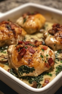 Smothered Chicken with Creamed Spinach, Bacon, and Mushrooms