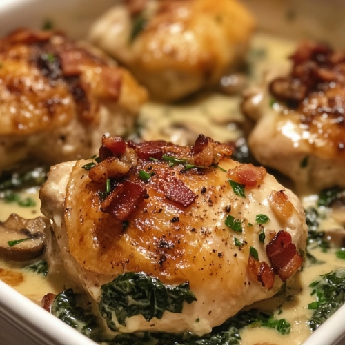 Smothered Chicken with Creamed Spinach, Bacon, and Mushrooms 8 Smothered Chicken with Creamed Spinach, Bacon, and Mushrooms