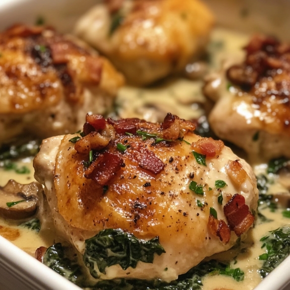 Smothered Chicken with Creamed Spinach, Bacon, and Mushrooms
