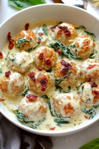 Baked Chicken Ricotta Meatballs with Spinach Alfredo Sauce