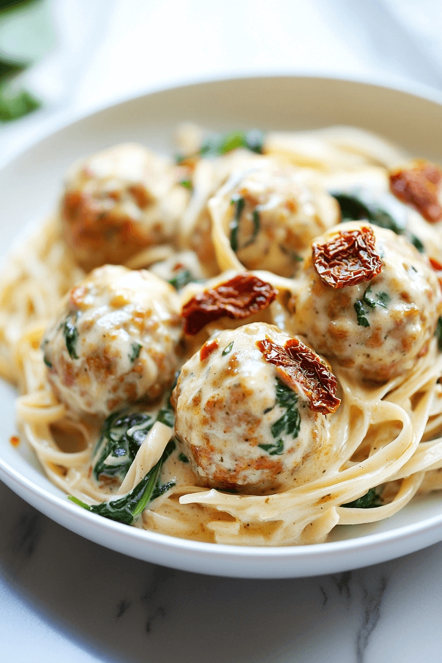 Baked Chicken Ricotta Meatballs with Spinach Alfredo Sauce 5 Chicken ricotta meatballs in creamy spinach Alfredo sauce