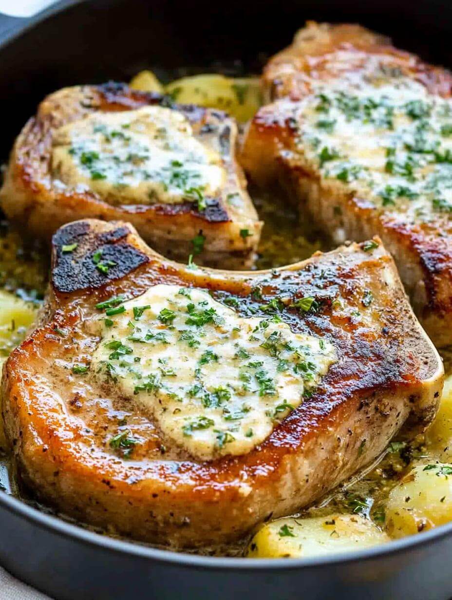 Garlic Butter Pork Chops with Cheesy Potato Bake