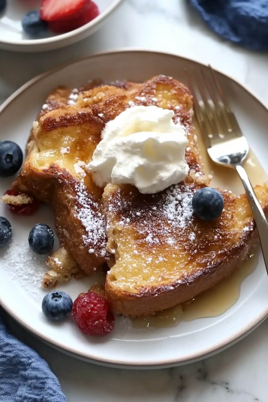 A fork cutting into overnight crème brûlée French toast