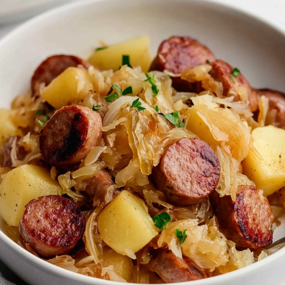 Polish sausage with sauerkraut and potatoes in a bowl