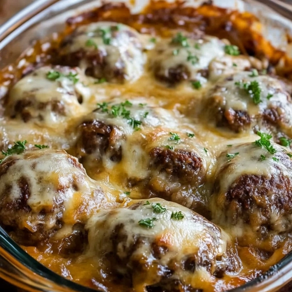 Amish hamburger steaks covered with mushroom gravy in a baking dish