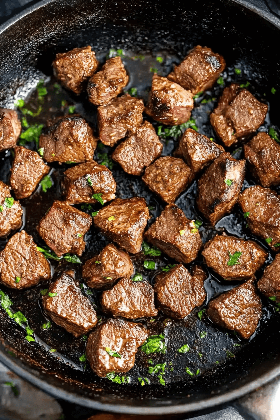 Juicy marinated steak bites seared in a hot skillet