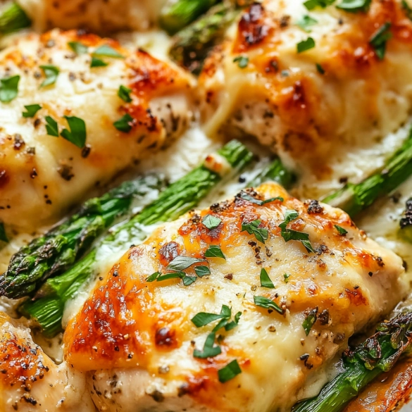 Baked Caesar chicken with asparagus in a casserole dish