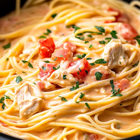Creamy Crockpot Chicken Spaghetti
