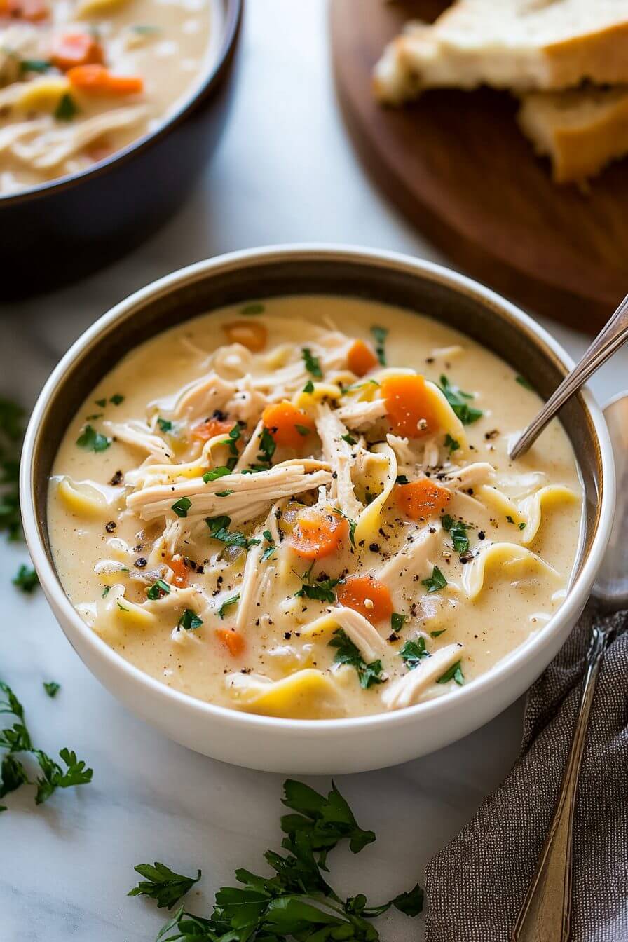 Creamy Chicken Noodle Soup in a pot