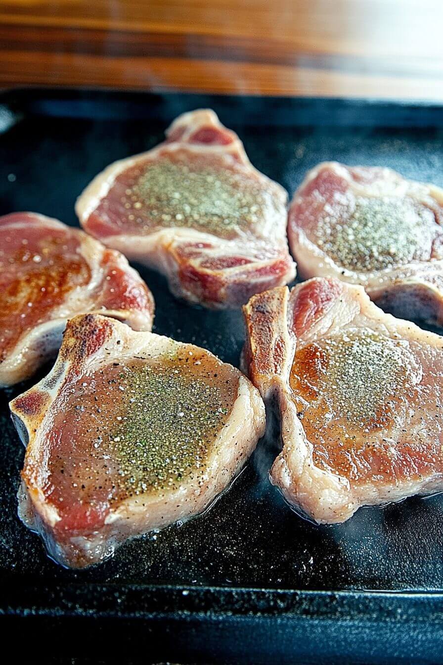 Golden-crusted pork chops with salt and pepper