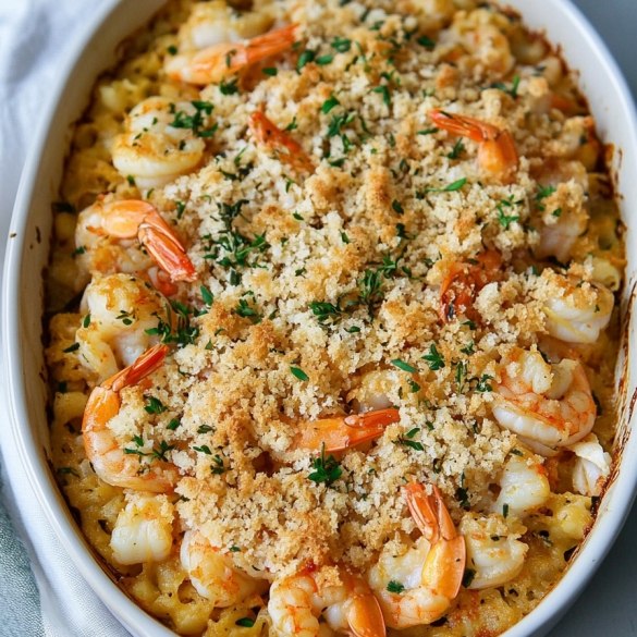 Crab and shrimp casserole in a white baking dish