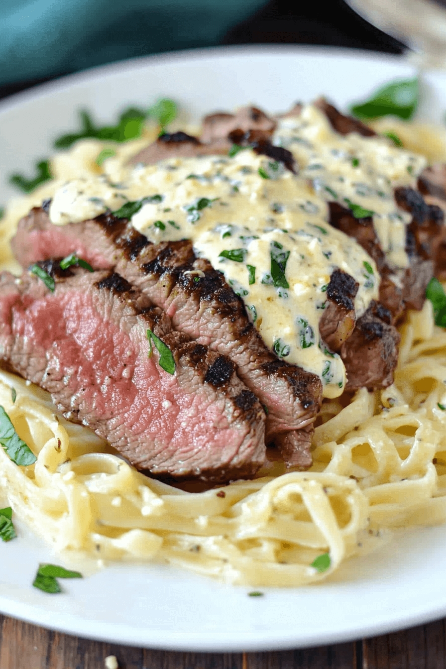 Savory Steak Gorgonzola Alfredo with Creamy Parmesan Sauce 5 Savory Steak Gorgonzola Alfredo served on a white plate