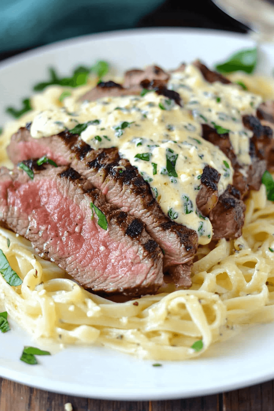 Savory Steak Gorgonzola Alfredo served on a white plate