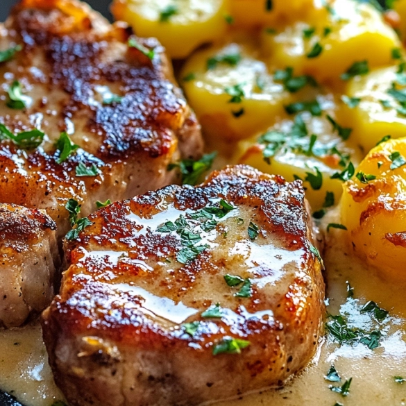 Garlic Butter Pork Chops with Cheesy Potato Bake