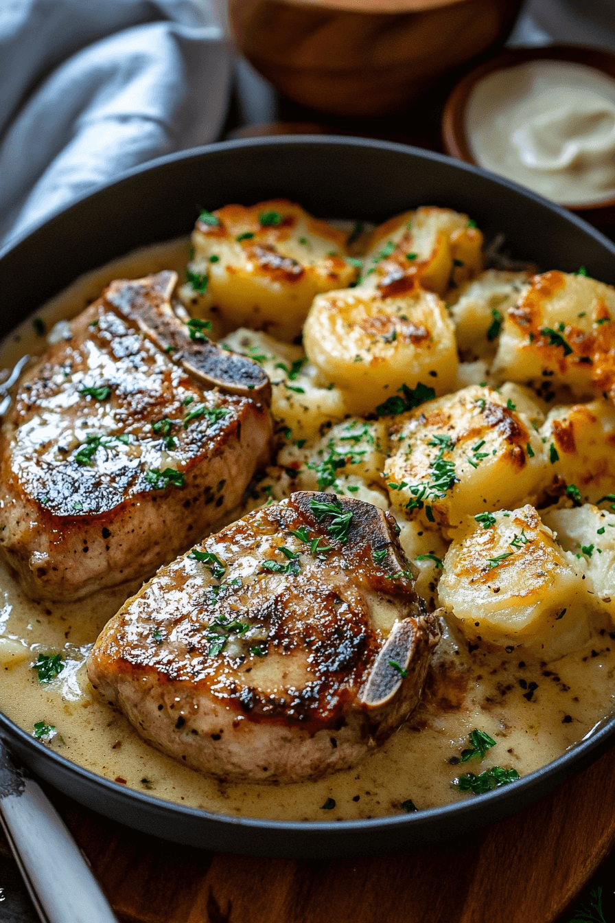 Garlic Butter Pork Chops with Cheesy Potato Bake