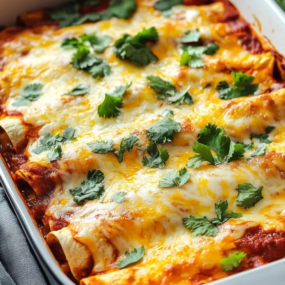 Baked chicken enchiladas with red sauce, melted cheese and cilantro in a casserole dish