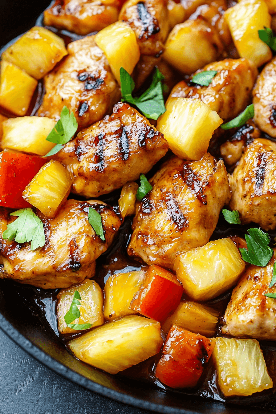 Pineapple Chicken and Rice sizzling in skillet