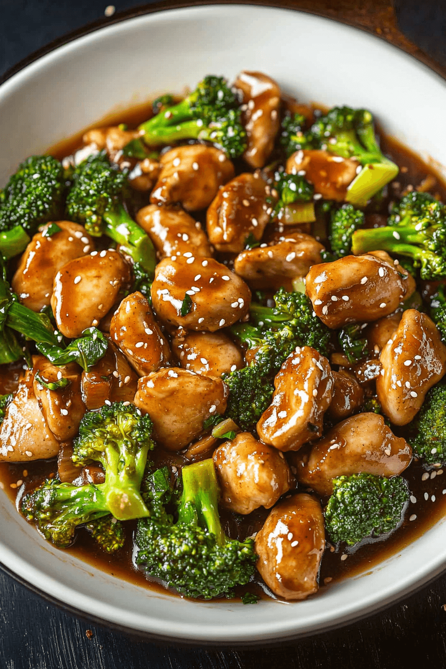 Aerial view of chicken and broccoli stir fry