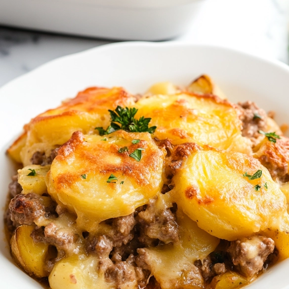 Hamburger and potato casserole served in a bowl