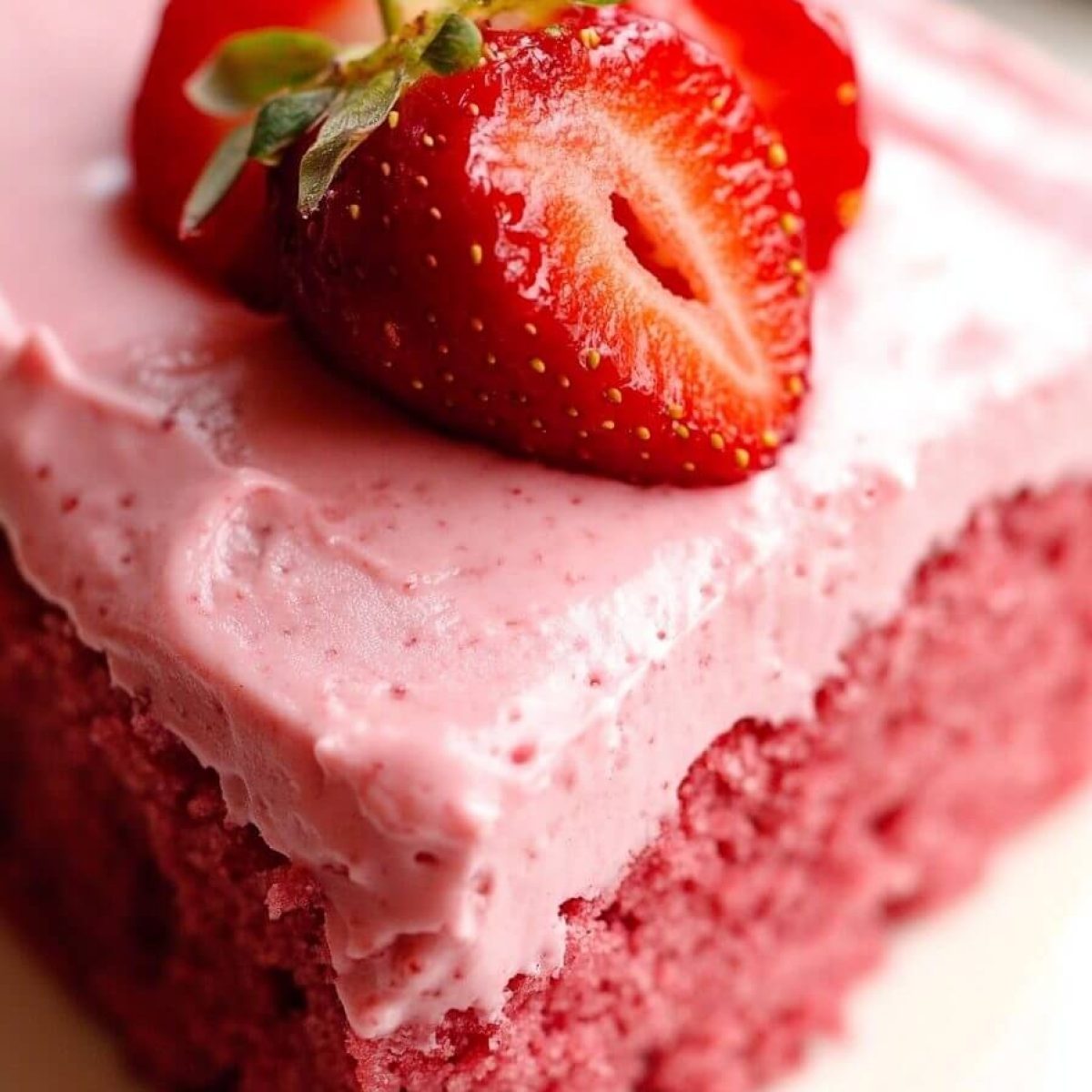 Slice of pink strawberry cake with strawberry cream cheese frosting and a fresh strawberry