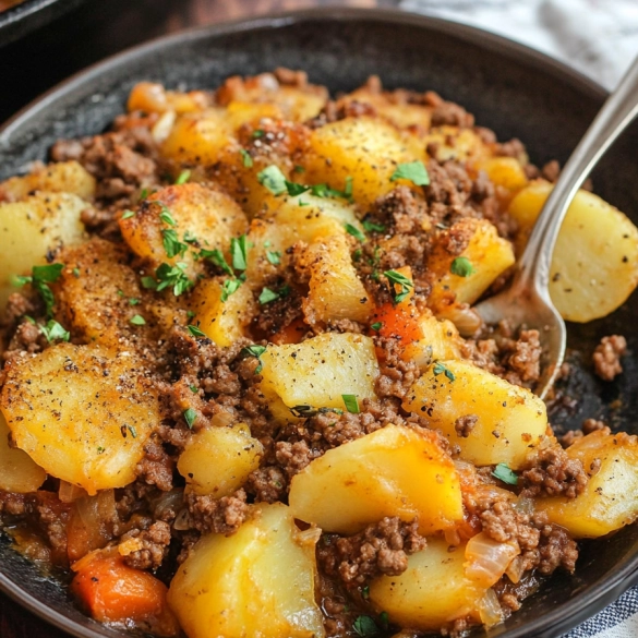 Hobo casserole with potatoes and ground beef in a cast-iron skillet