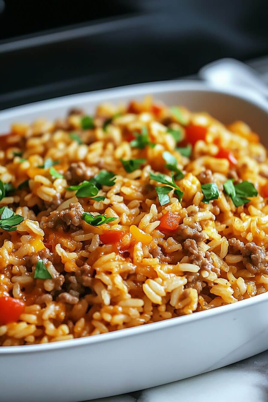Creamy, cheesy hamburger rice casserole fresh from the oven