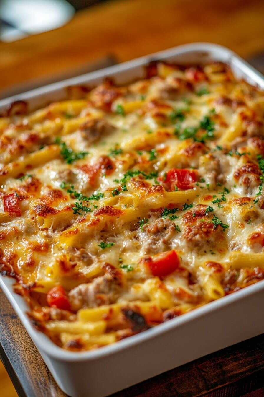 Italian chicken and sausage pasta bake fresh from the oven