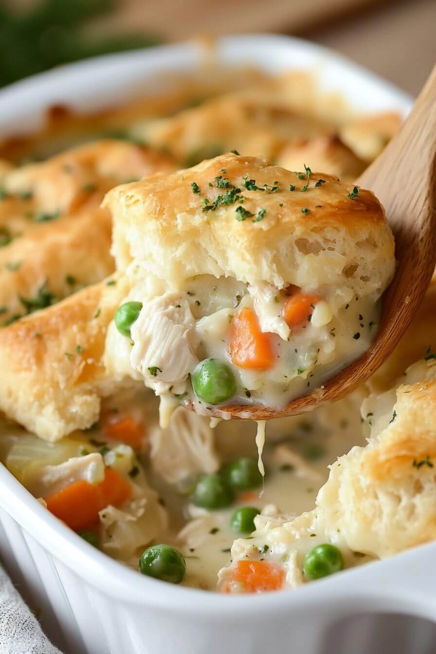 Creamy chicken and biscuits casserole fresh from the oven