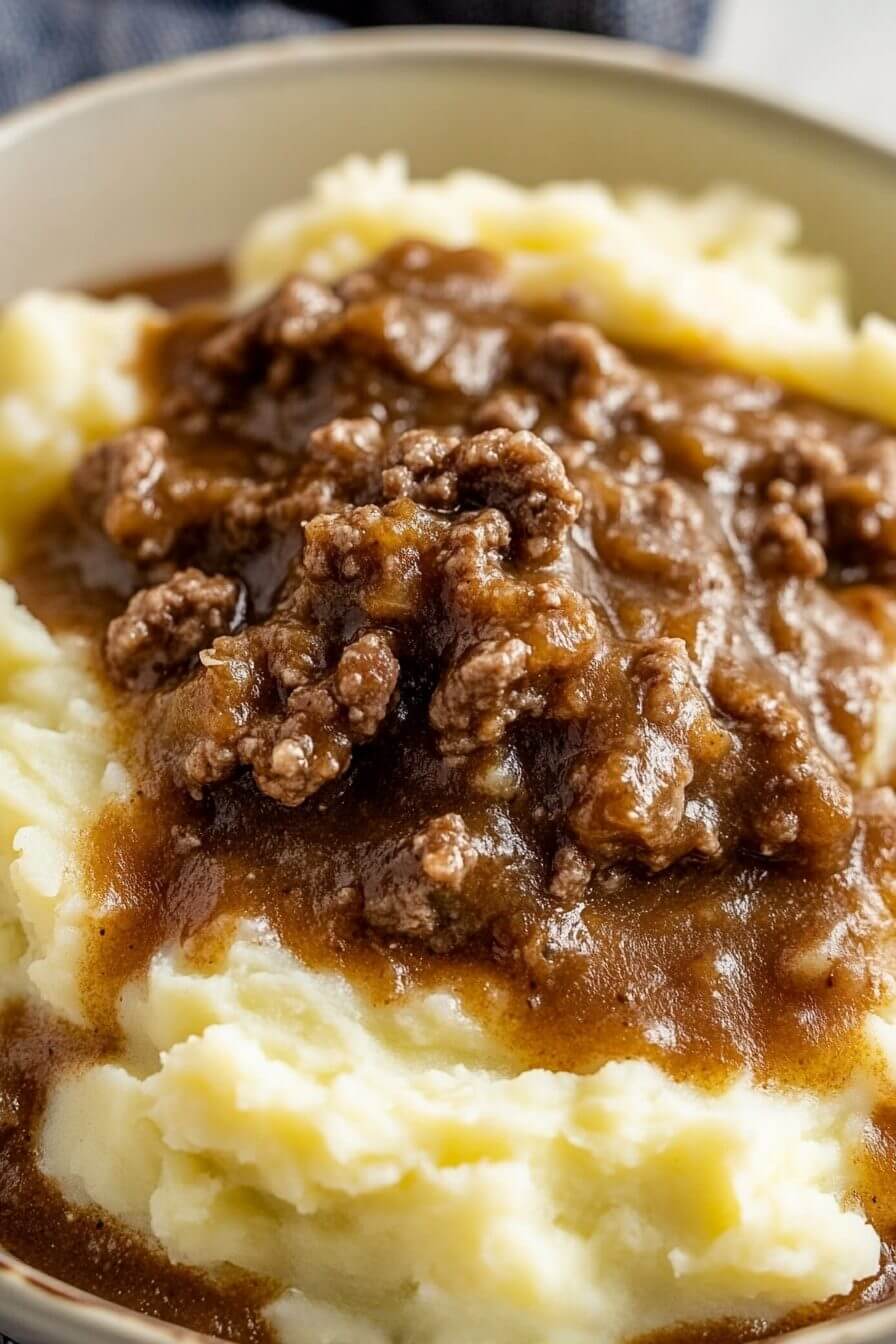 Ground Beef and Gravy Over Mashed Potatoes