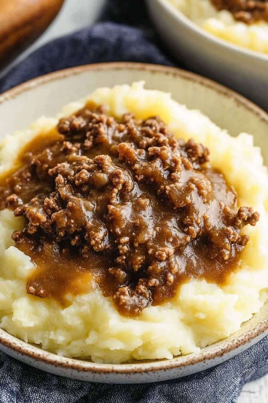 Ground Beef and Gravy Over Mashed Potatoes