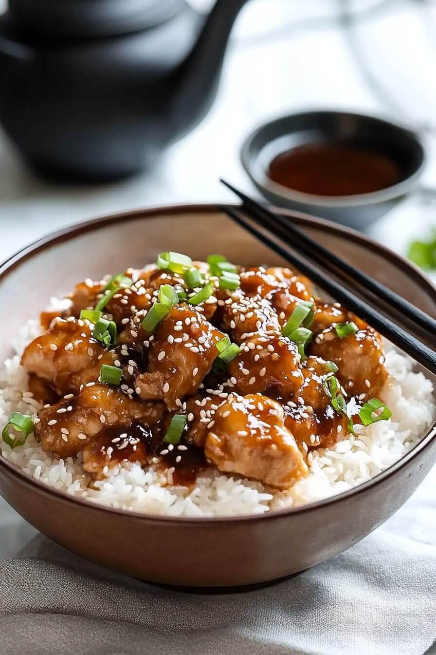 General Tso's Chicken bowl with chopsticks
