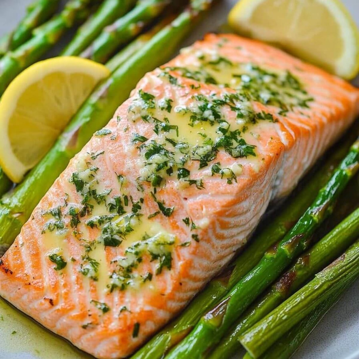 Baked Salmon with Asparagus, Lemon, Garlic and Butter Sauce