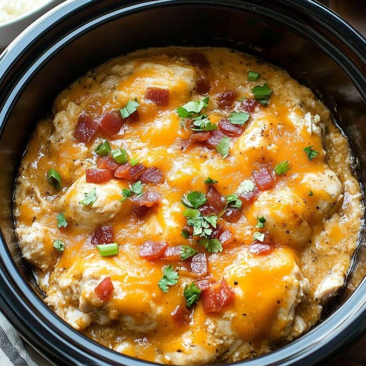 Chicken breasts with melted cheddar and bacon in a slow cooker
