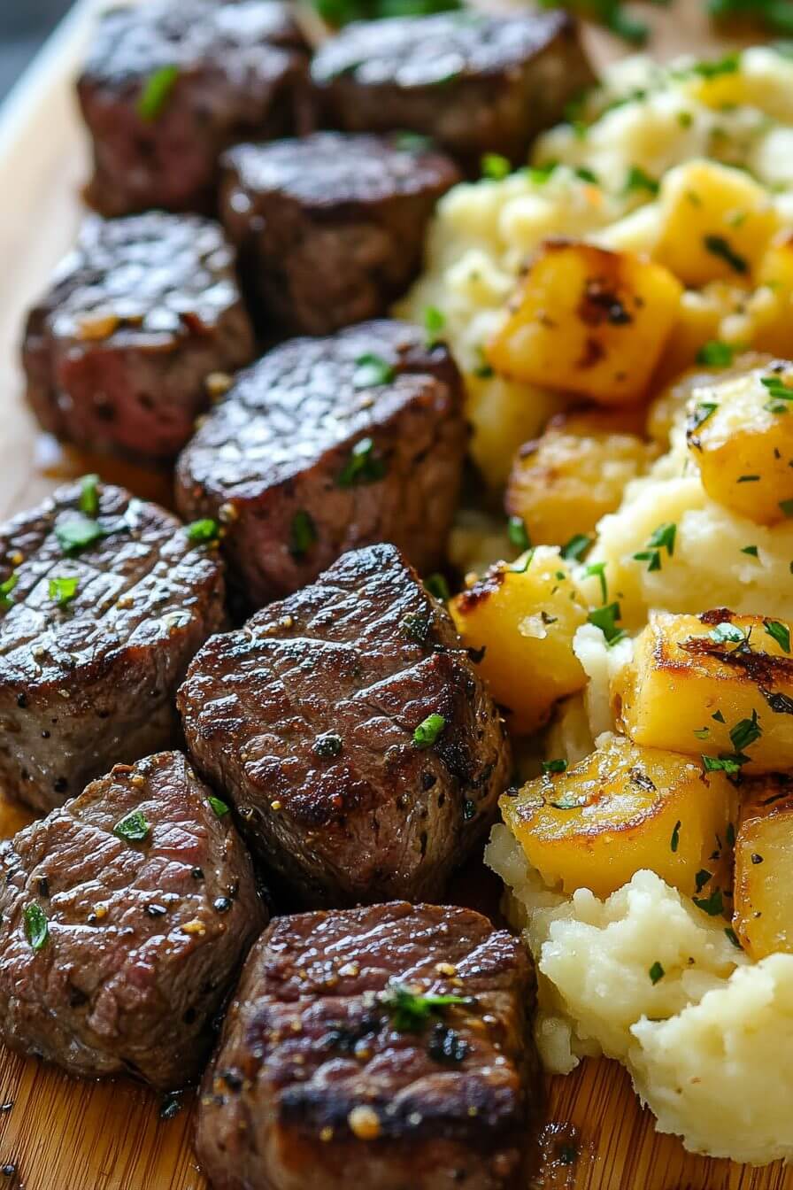 Garlic Butter Steak Bites and Cheesy Smashed Potatoes