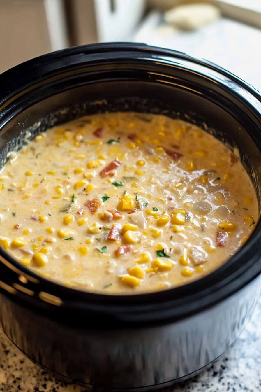 Slow Cooker Corn Chowder in a pot